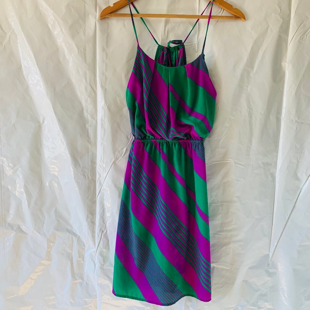 Hello Miss Purple Green Stripe Tie Back Mini Dress
